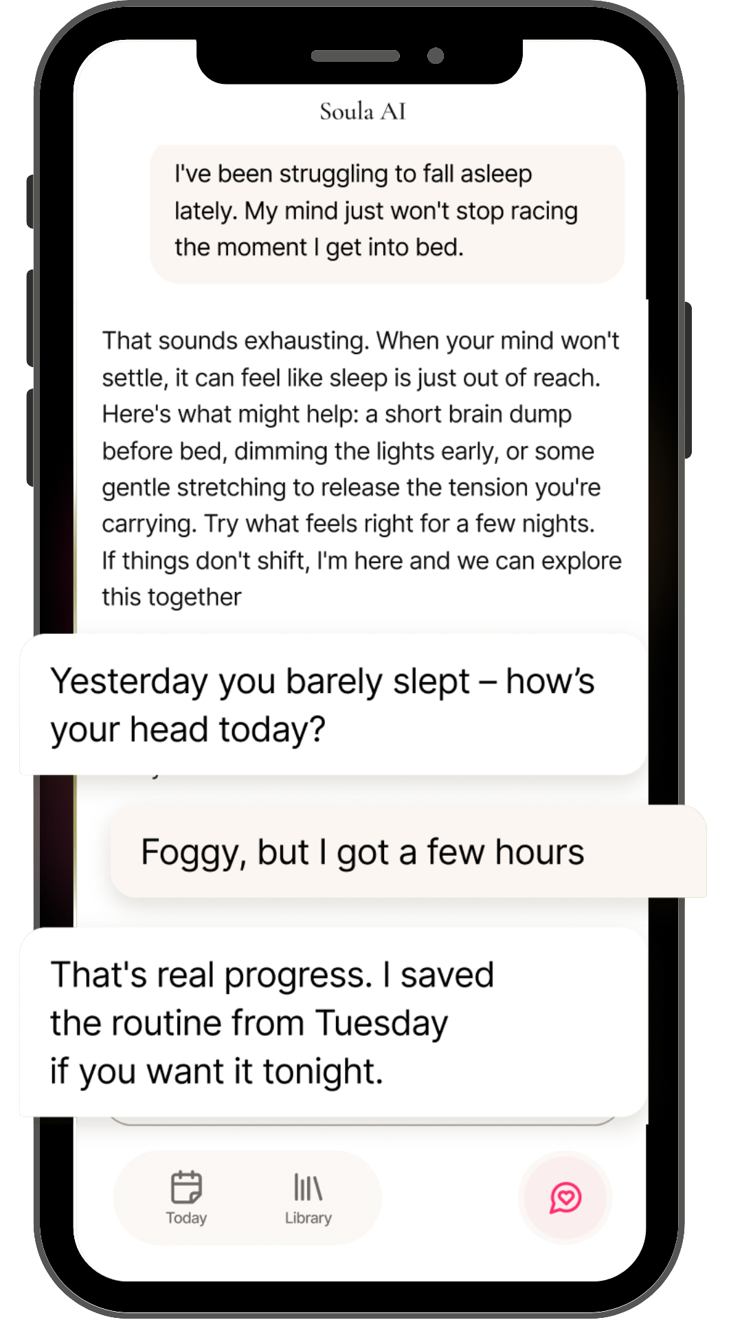 Soula chat screen: a personalised AI check-in on how she's feeling