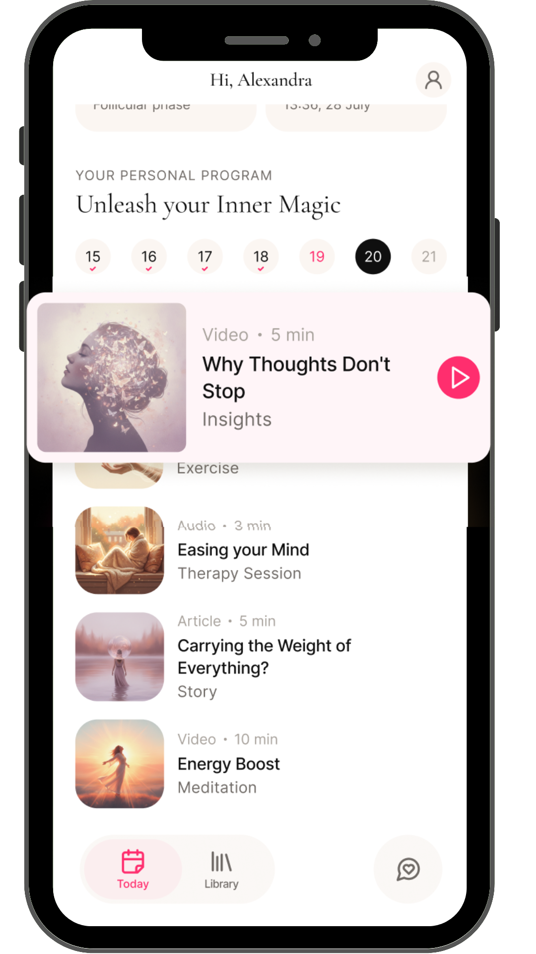 Soula daily programme screen with a stress-reset checklist